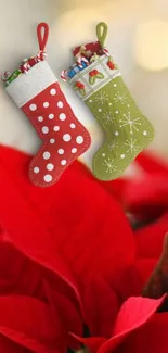 Red and green Christmas stockings with poinsettias.