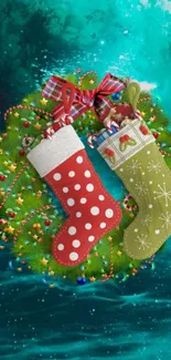 Colorful Christmas stockings on a festive wreath background.