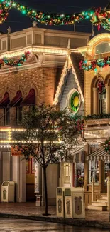 Festive holiday street with Christmas lights and garlands at night.