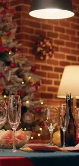 Festive holiday table with christmas decorations and elegant glassware.