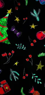 Colorful festive holiday wallpaper with Christmas symbols on black background.