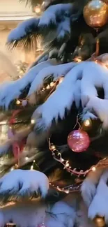 Snow-covered Christmas tree with ornaments and lights.