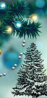 Festive wallpaper with Christmas tree and ornaments in blue hues.