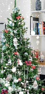 Festive Christmas tree with ornaments and snowflakes in a cozy holiday setting.