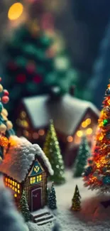 Snow-covered village with colorful Christmas trees and festive lights.