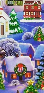 Charming holiday village scene with snow and festive decorations.