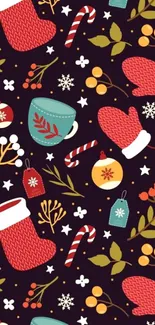 Festive holiday wallpaper with mittens and candy canes on dark background.