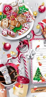 Festive holiday-themed wallpaper with Christmas cookies and a wishlist.