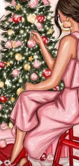 Woman in pink decorating a Christmas tree.