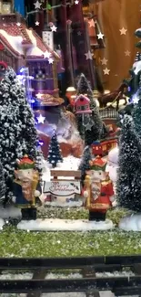 Festive Christmas display with nutcrackers and snowy trees.