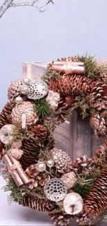 Festive wreath with pinecones and ornaments on wooden background.