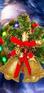 Festive wreath with golden bells and lights on a blue background.