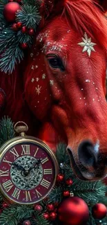 Red horse with festive decorations and a vintage clock.