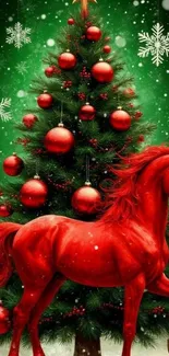 Red horse in front of decorated Christmas tree with snowflakes.