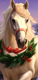 Festive horse adorned with a wreath in a snowy winter setting.