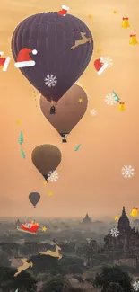 Hot air balloons with Christmas decorations floating at sunset over an ancient landscape.