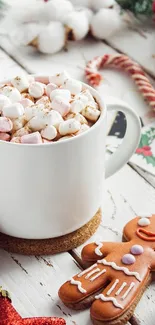 Festive wallpaper with hot cocoa and gingerbread.