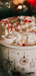 Christmas-themed hot cocoa with whipped cream in a decorative mug.