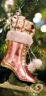 Festive pink ice skate ornament on a decorated Christmas tree.