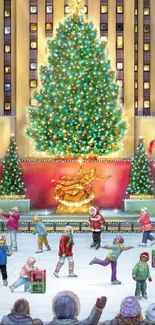 Festive scene with ice skaters in front of a Christmas tree lit with city lights.