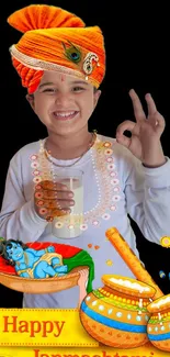 Smiling child in festive Janmashtami attire holding milk, vibrant backdrop.