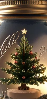 Festive jar with a Christmas tree and ornaments inside, glowing warmly.