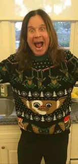 Person in kitchen wearing a colorful, festive Christmas sweater.