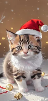 Cute kitten wearing Santa hat with Christmas decorations.