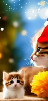 Cute kittens wearing Santa hats with holiday background.