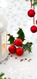 Cozy lantern with red ornaments and holly on a starry festive background.