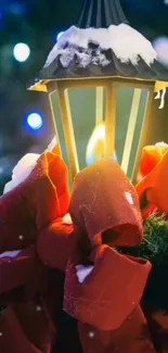 Festive lantern with red bows and snow accents for the holiday season.