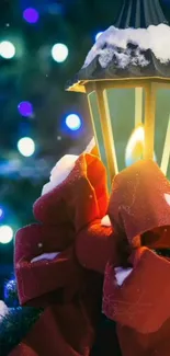 Festive lantern with red bows and snow, perfect for holiday wallpaper.