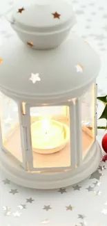 White lantern with candle and Christmas stars background.