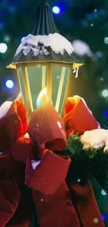 Festive lantern with snow and red bow, ideal Christmas wallpaper.