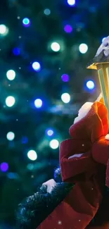 Festive lantern with red bow and blue lights.