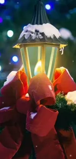 Festive lantern with red bows and bokeh lights.