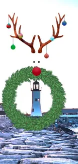 Festive lighthouse with holiday decor and ocean backdrop.