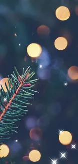 Festive bokeh lights with pine branch on a dark green background.