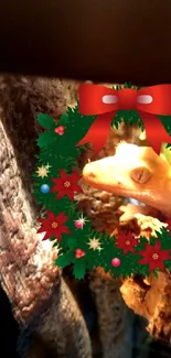 Festive lizard with a Christmas wreath on mobile wallpaper