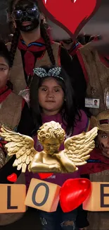 Children in festive attire with love and angel symbols.