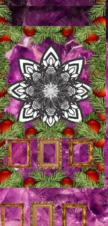 Purple and green festive mandala wallpaper with intricate patterns.