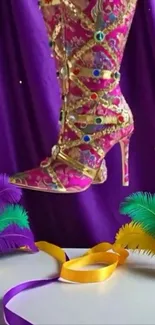 Colorful masks and vibrant pink boot on purple background.