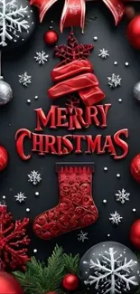 Festive Merry Christmas wallpaper with red ornaments and snowflakes.