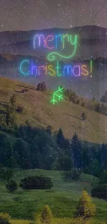 Merry Christmas neon text on a scenic mountain background with greenery and night sky.