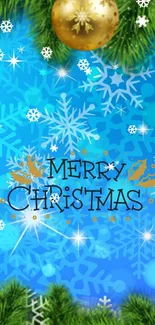 Merry Christmas wallpaper with blue snowflakes and gold ornaments.