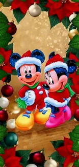 Mickey and Minnie Mouse in Christmas attire with a festive background.