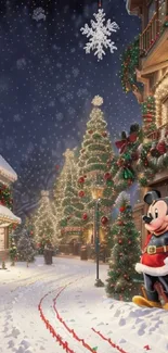 Mickey Mouse in festive Christmas street setting with lights and snow.