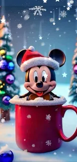 Mickey Mouse in a red mug with Christmas decor.