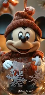 Mickey Mouse in a festive Christmas ornament with snowflakes.
