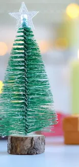 A festive mini Christmas tree with bokeh lights, perfect for holiday decor.